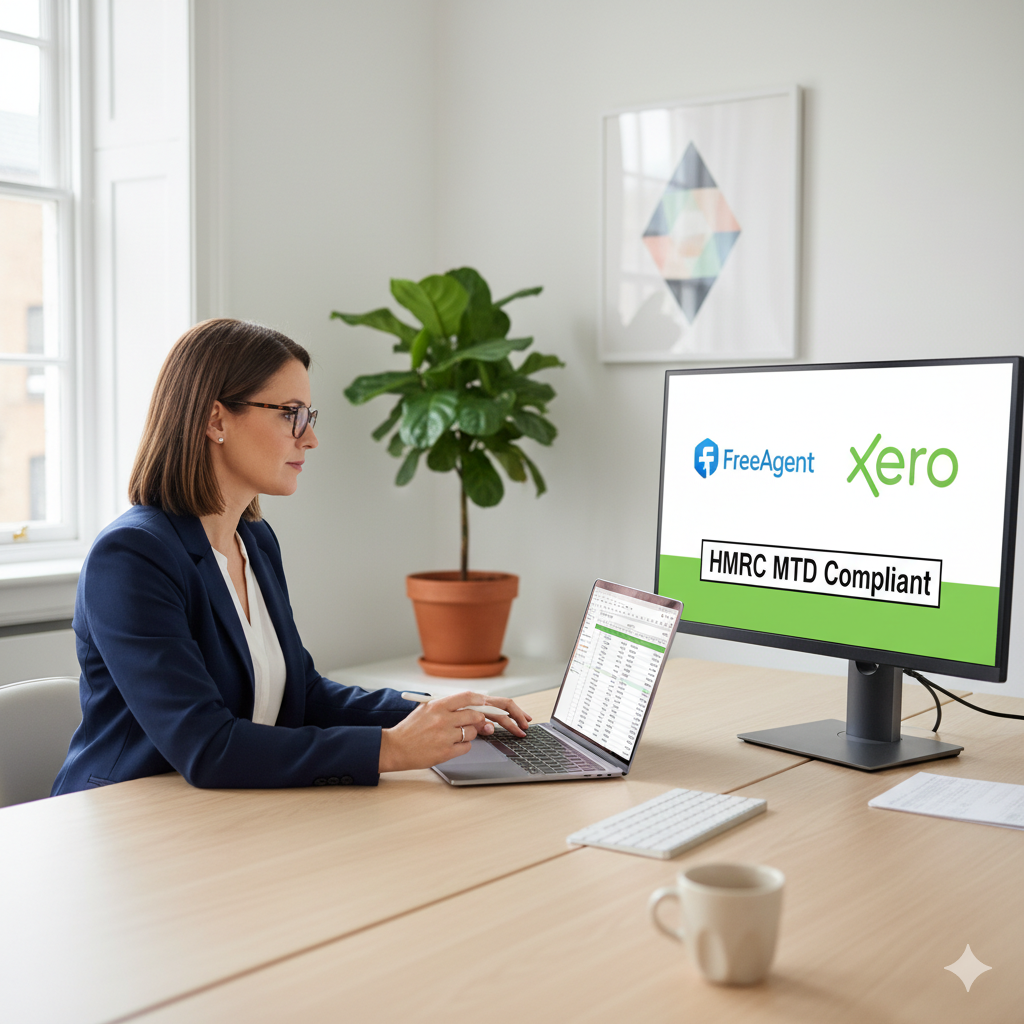 Bookkeeper reconciling accounts on a laptop