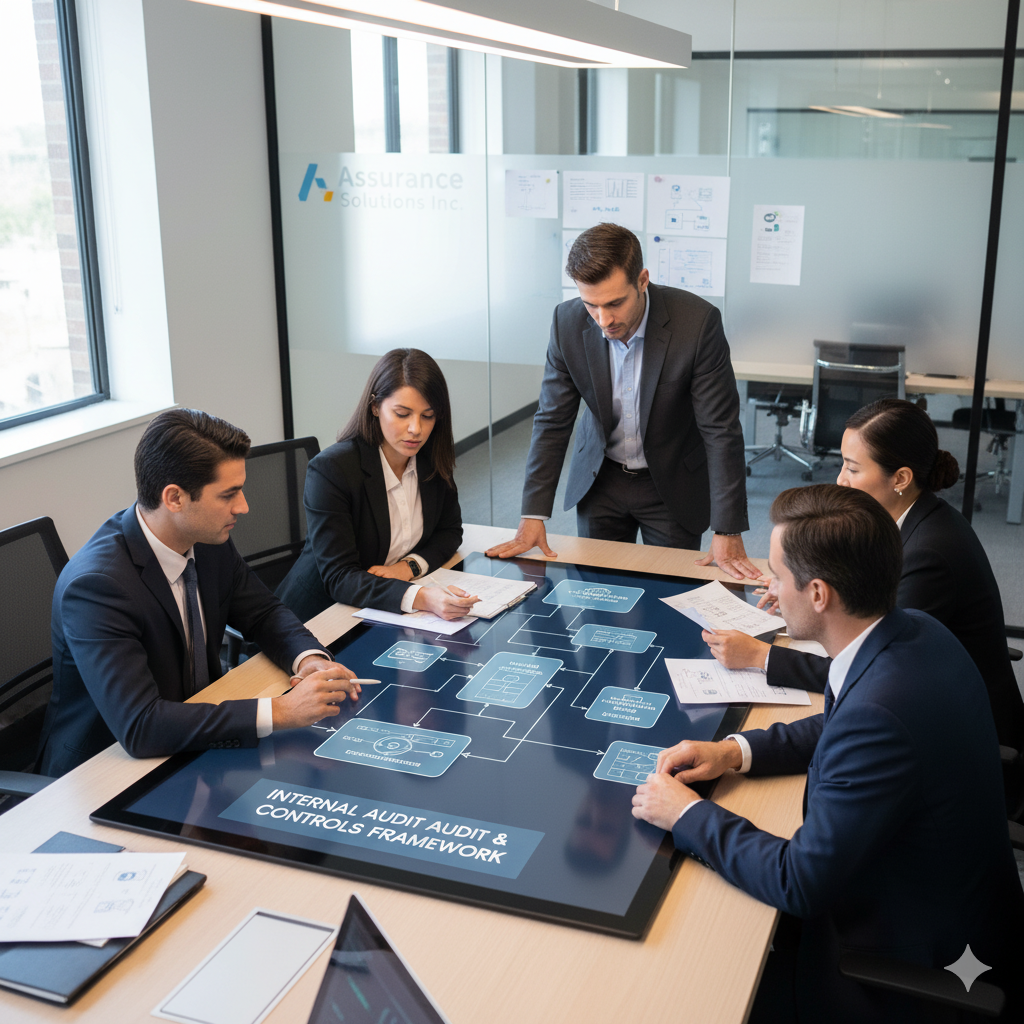 Internal audit team reviewing control matrix